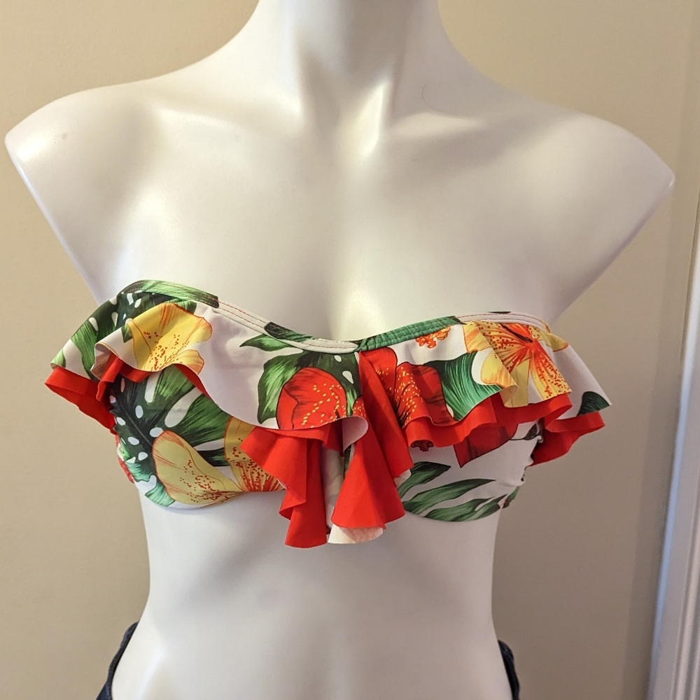 Athena white, red yellow and green floral ruffle strapless bikini top size 6